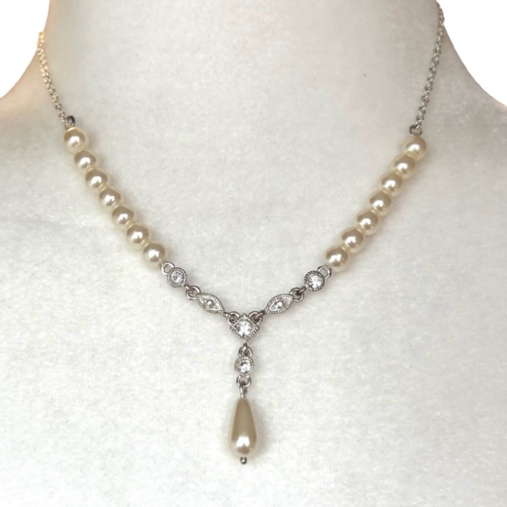 Silver Tone Faux Pearl Necklace Tear Drop with Crystals Signed